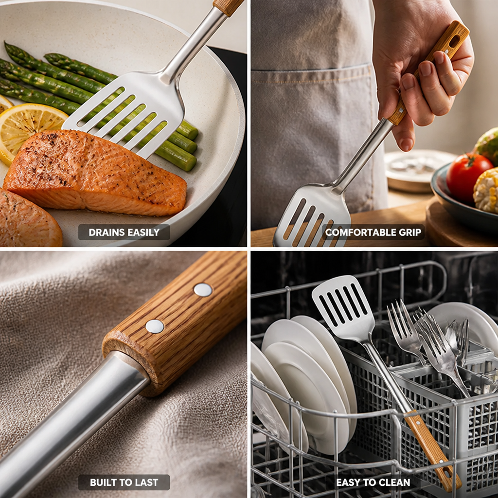 Slotted Turner Spatula Stainless Steel Head Ergonomic Wooden Handle