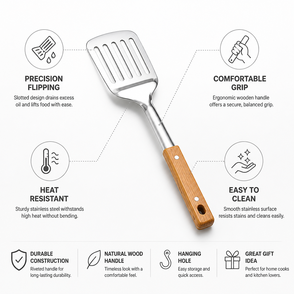 Slotted Turner Spatula Stainless Steel Head Ergonomic Wooden Handle