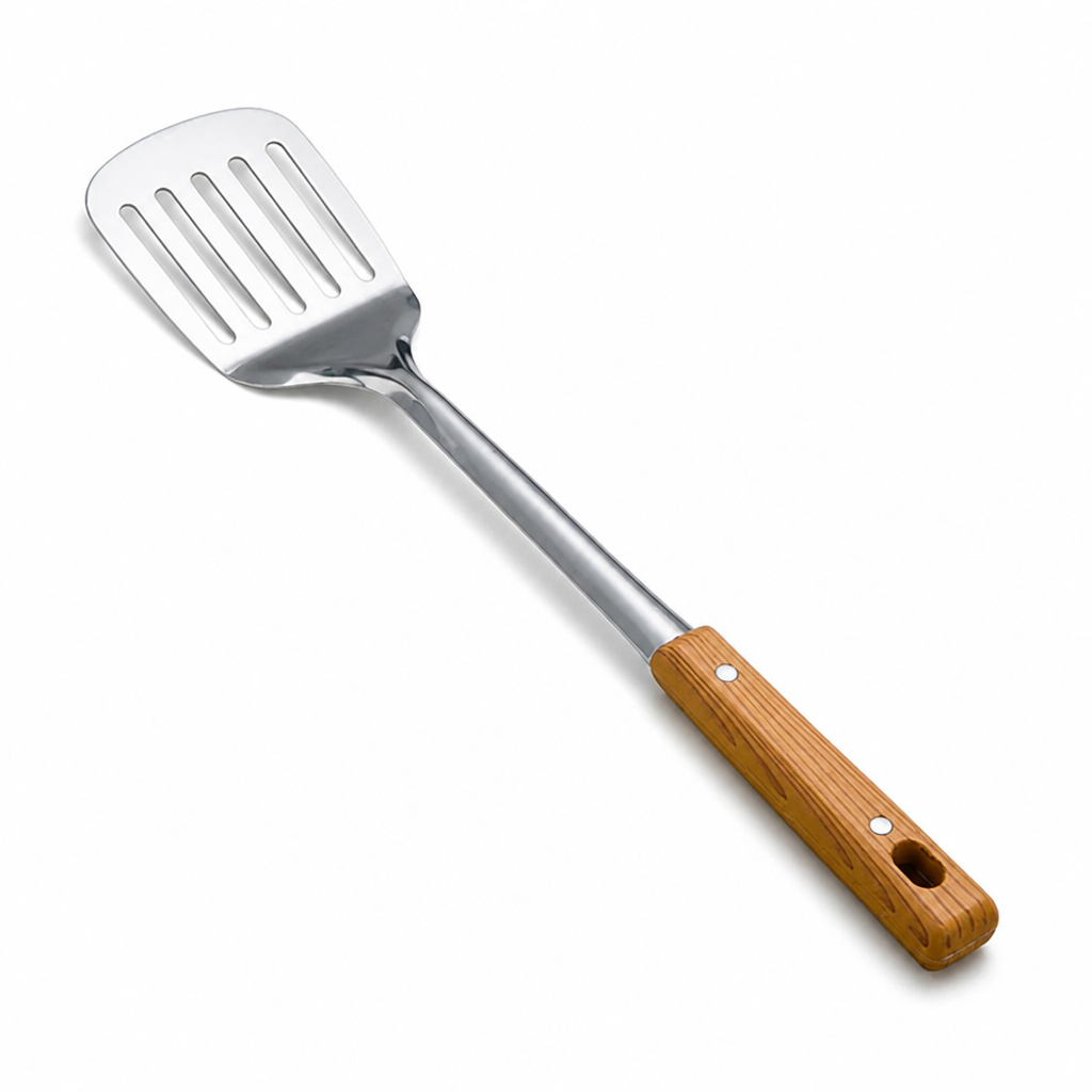Slotted Turner Spatula Stainless Steel Head Ergonomic Wooden Handle