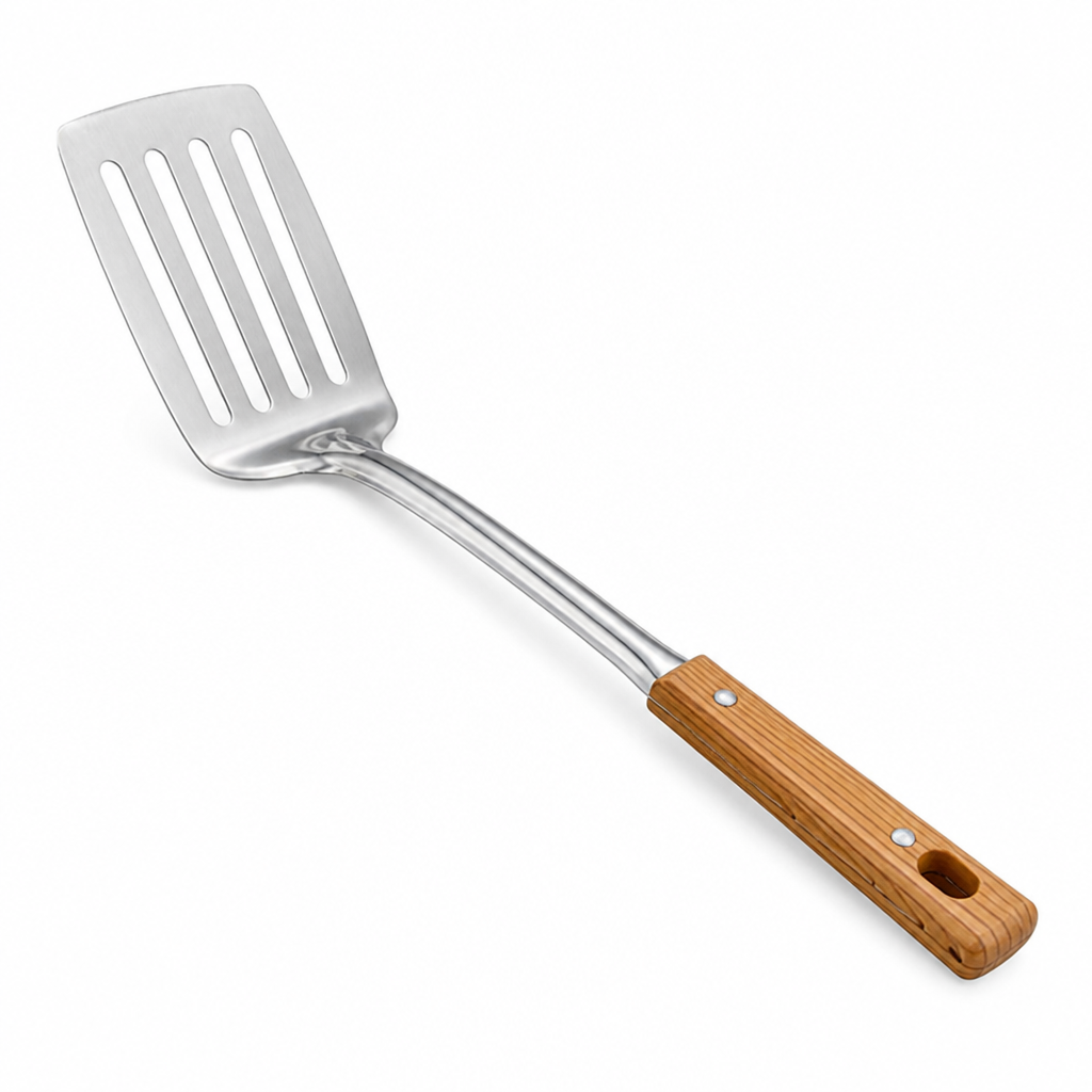 Slotted Turner Spatula Stainless Steel Head Ergonomic Wooden Handle