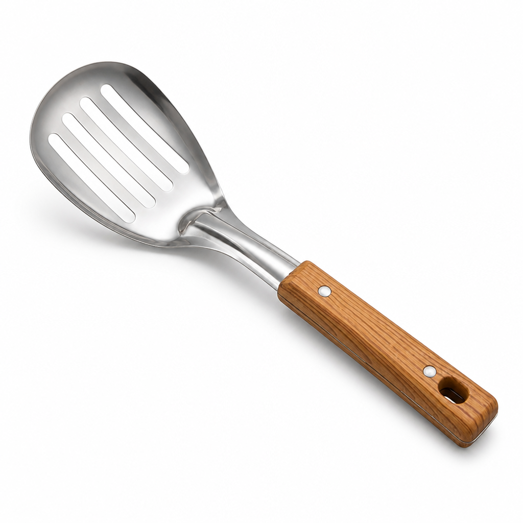 Slotted Turner Spatula Stainless Steel Head Ergonomic Wooden Handle