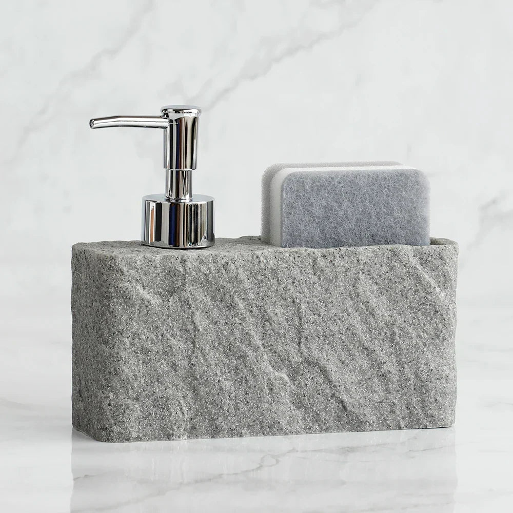 Soap Dispenser & Sponge Holder Stone-Look Refillable Pump