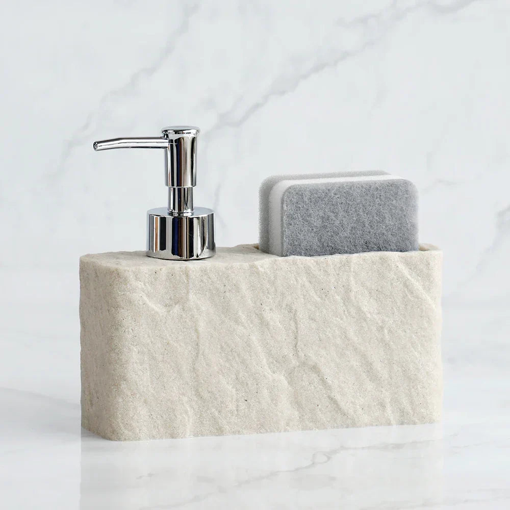 Soap Dispenser & Sponge Holder Stone-Look Refillable Pump