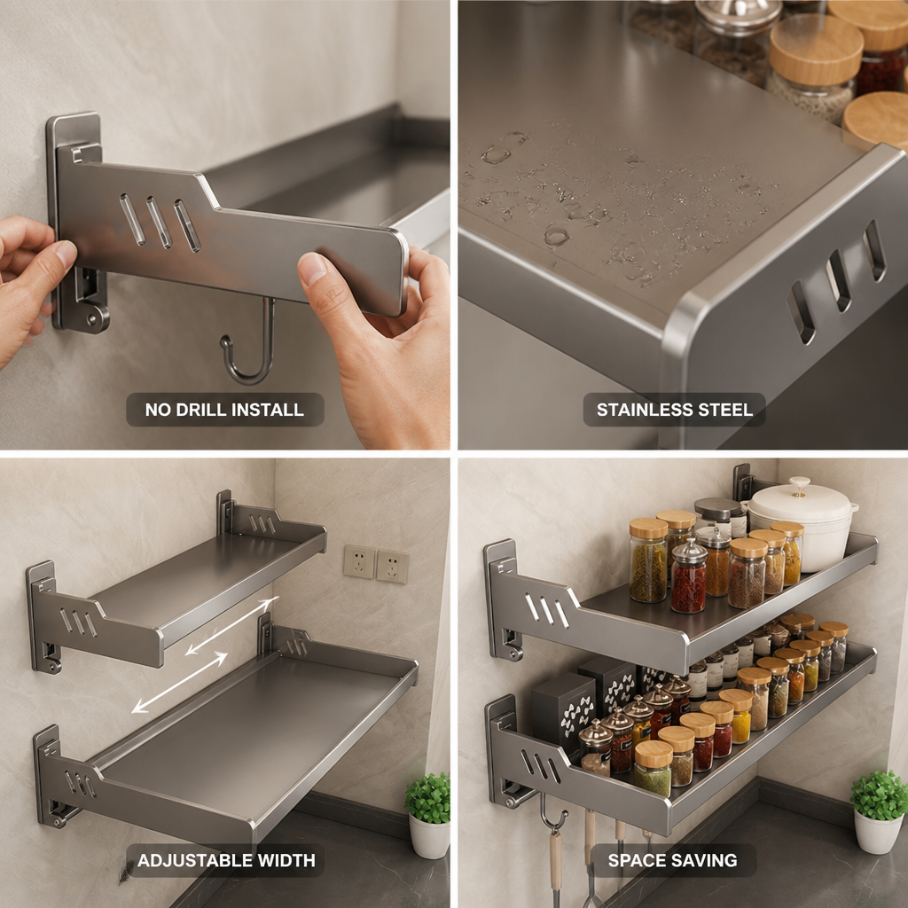 Spice Rack Stainless Steel No-Drill Expandable