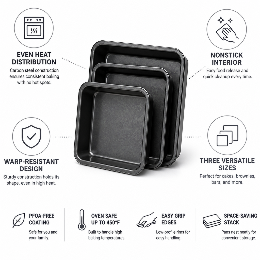 Square Cake Pan Set Carbon Steel Nonstick Three Piece
