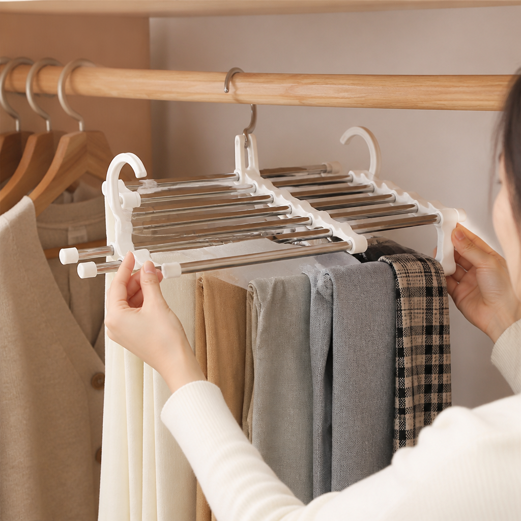 Stainless Steel Pants & Accessory Hanger with Collapsible Arms (Holds 5 Pairs)