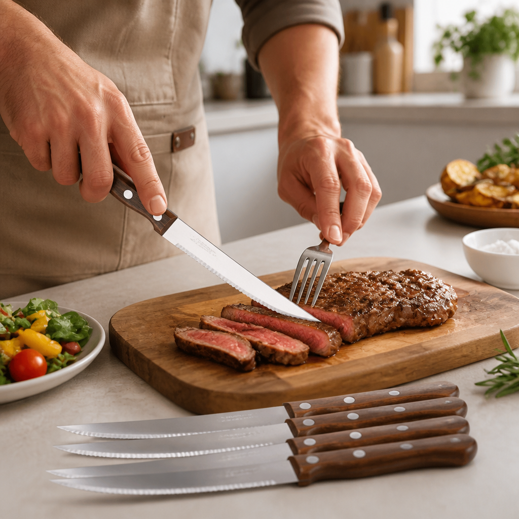Steak Knife Set Serrated Stainless Steel & Wooden Handles