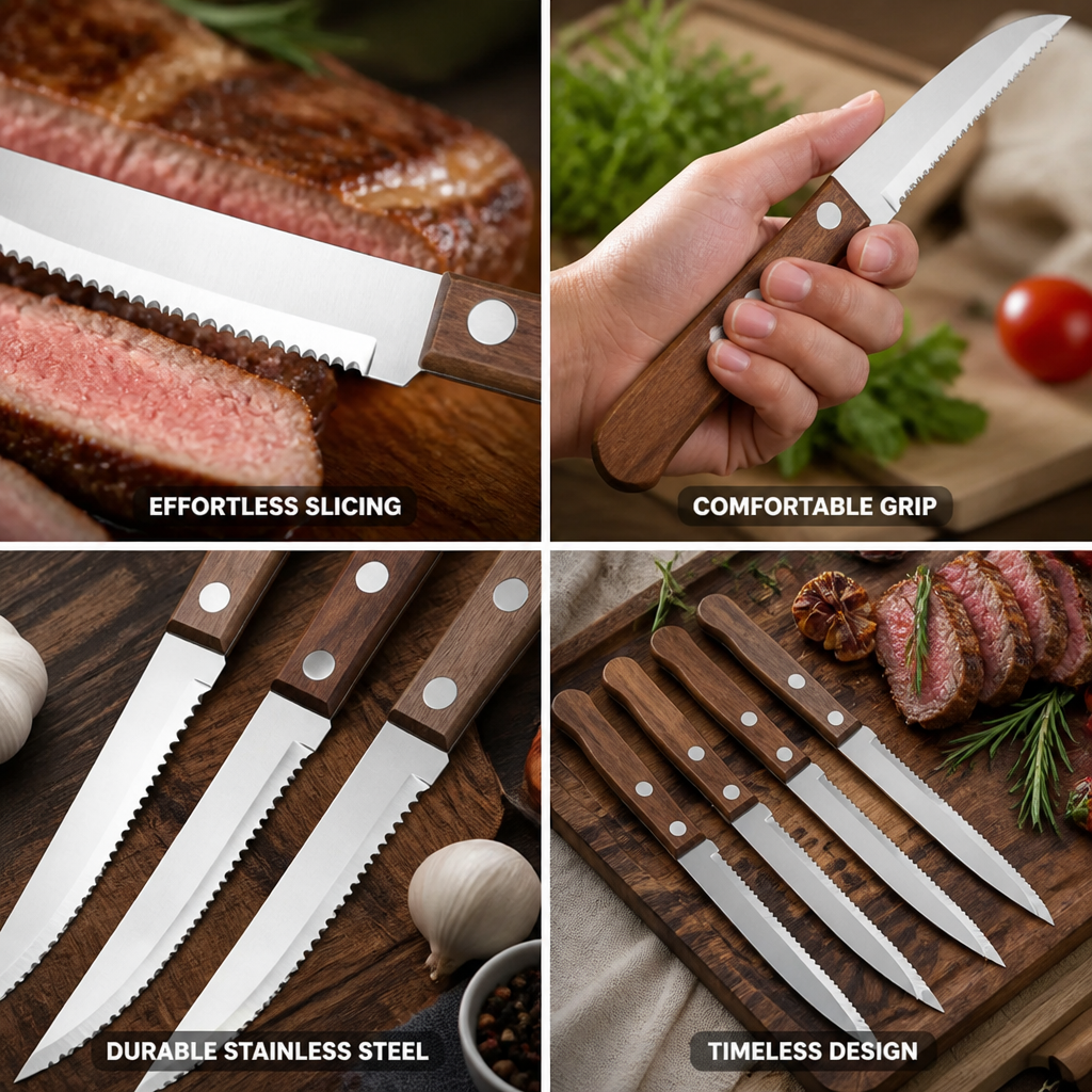 Steak Knife Set Serrated Stainless Steel & Wooden Handles