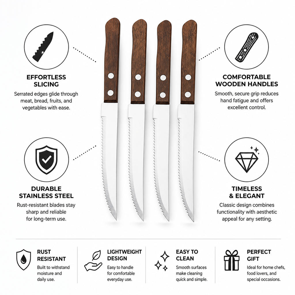 Steak Knife Set Serrated Stainless Steel & Wooden Handles