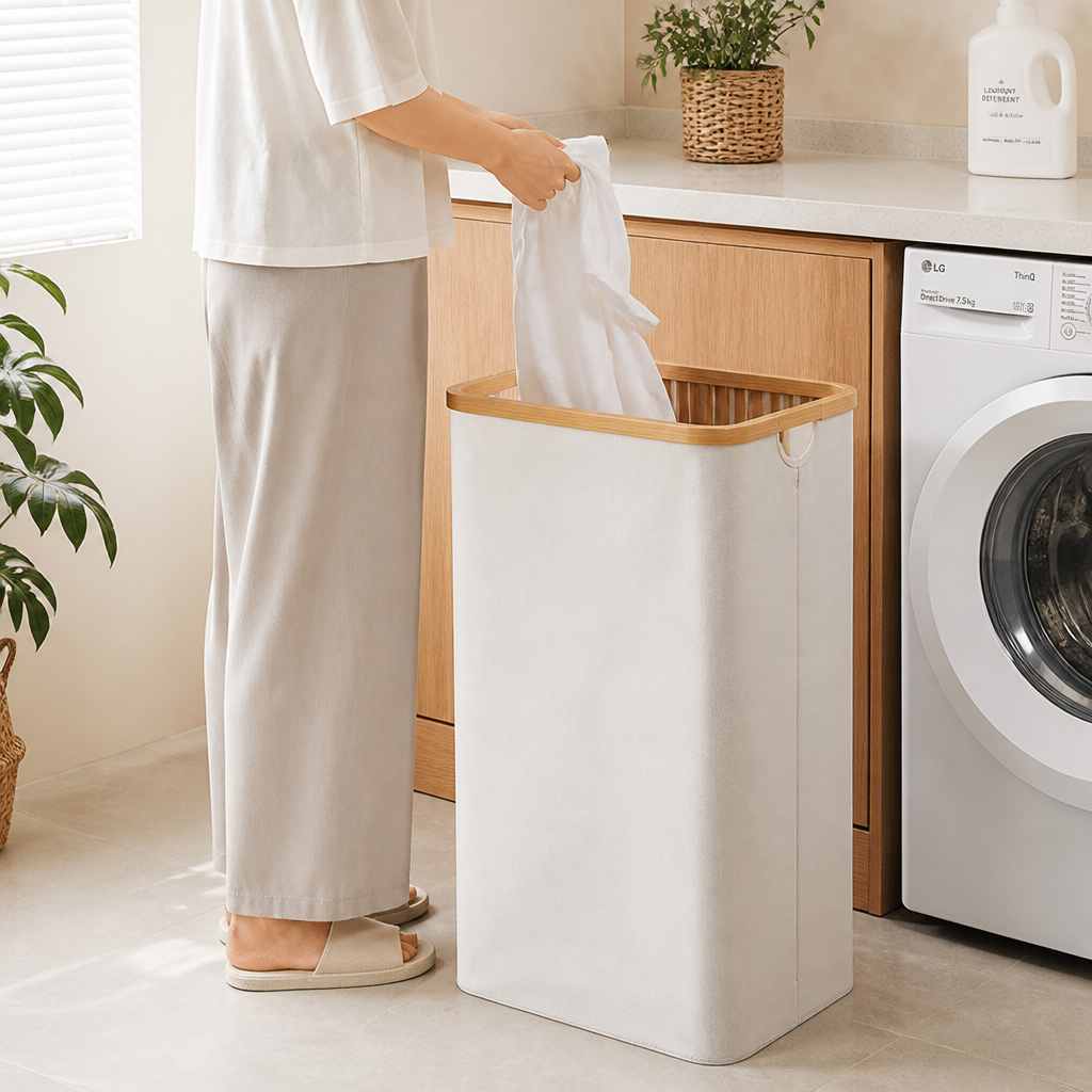 Tall Vertical Bamboo Laundry Basket
