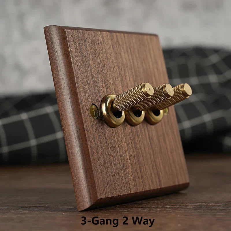 Toggle Wall Switch Solid Walnut Knurled Brass Lever