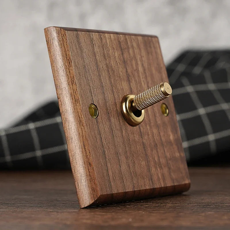 Toggle Wall Switch Solid Walnut Knurled Brass Lever