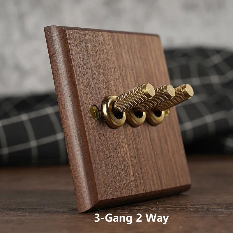 Toggle Wall Switch Solid Walnut Knurled Brass Lever