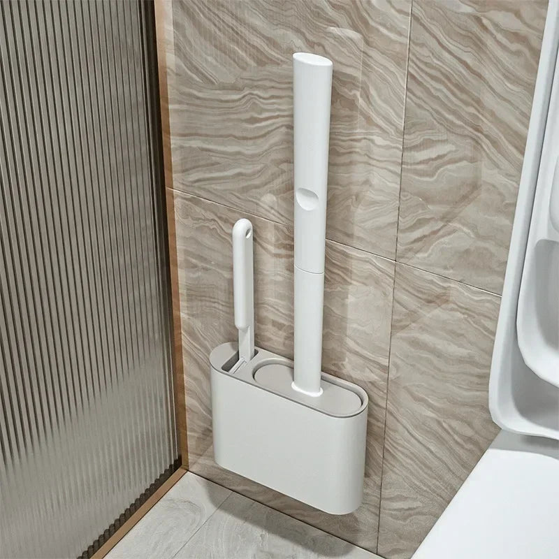 Toilet Brush Set Flexible Flat Silicone Head Wall-Mount Holder