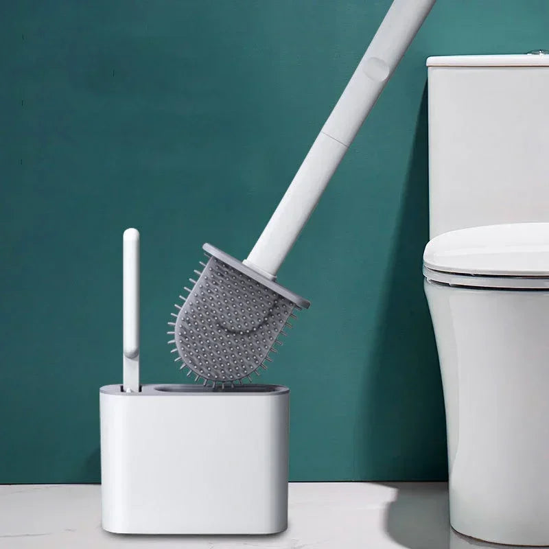 Toilet Brush Set Flexible Flat Silicone Head Wall-Mount Holder