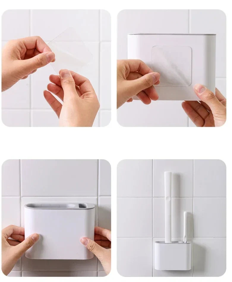 Toilet Brush Set Flexible Flat Silicone Head Wall-Mount Holder