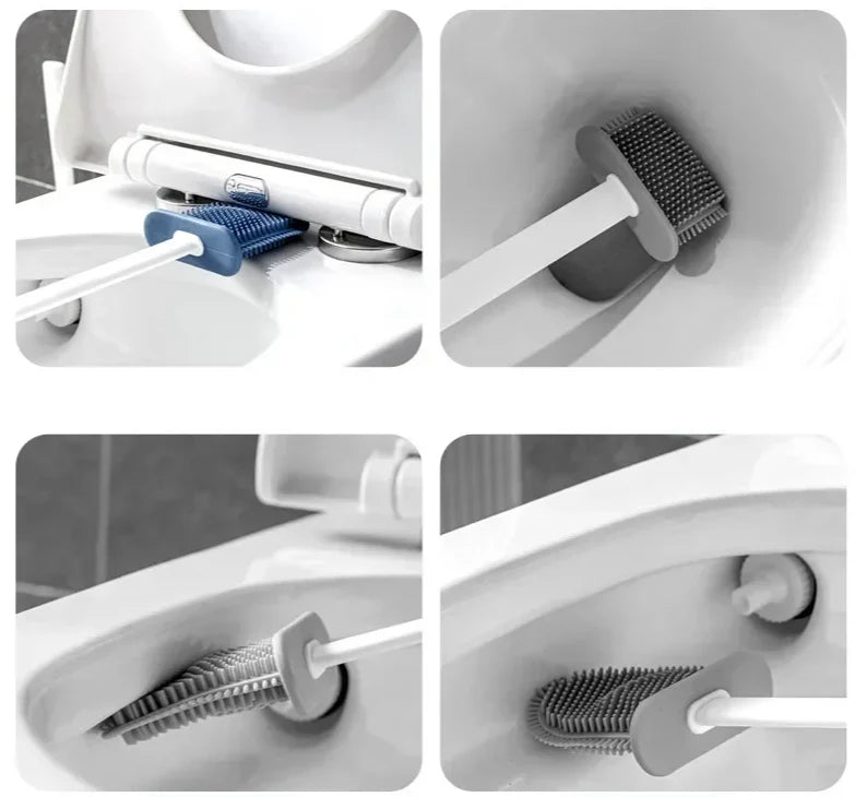 Toilet Brush Set Flexible Flat Silicone Head Wall-Mount Holder