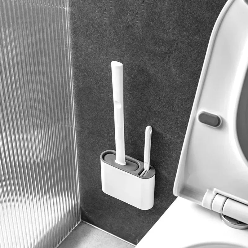 Toilet Brush Set Flexible Flat Silicone Head Wall-Mount Holder