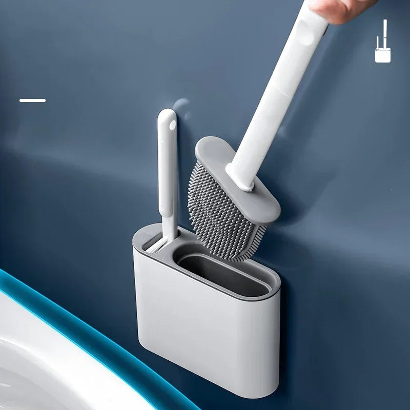 Toilet Brush Set Flexible Flat Silicone Head Wall-Mount Holder