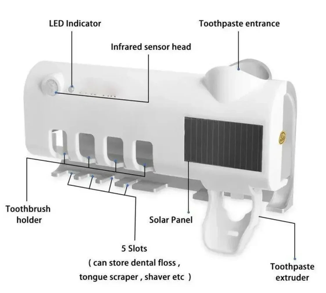 Toothbrush Sanitizer & Toothpaste Dispenser UV Solar-Powered Wall-Mounted