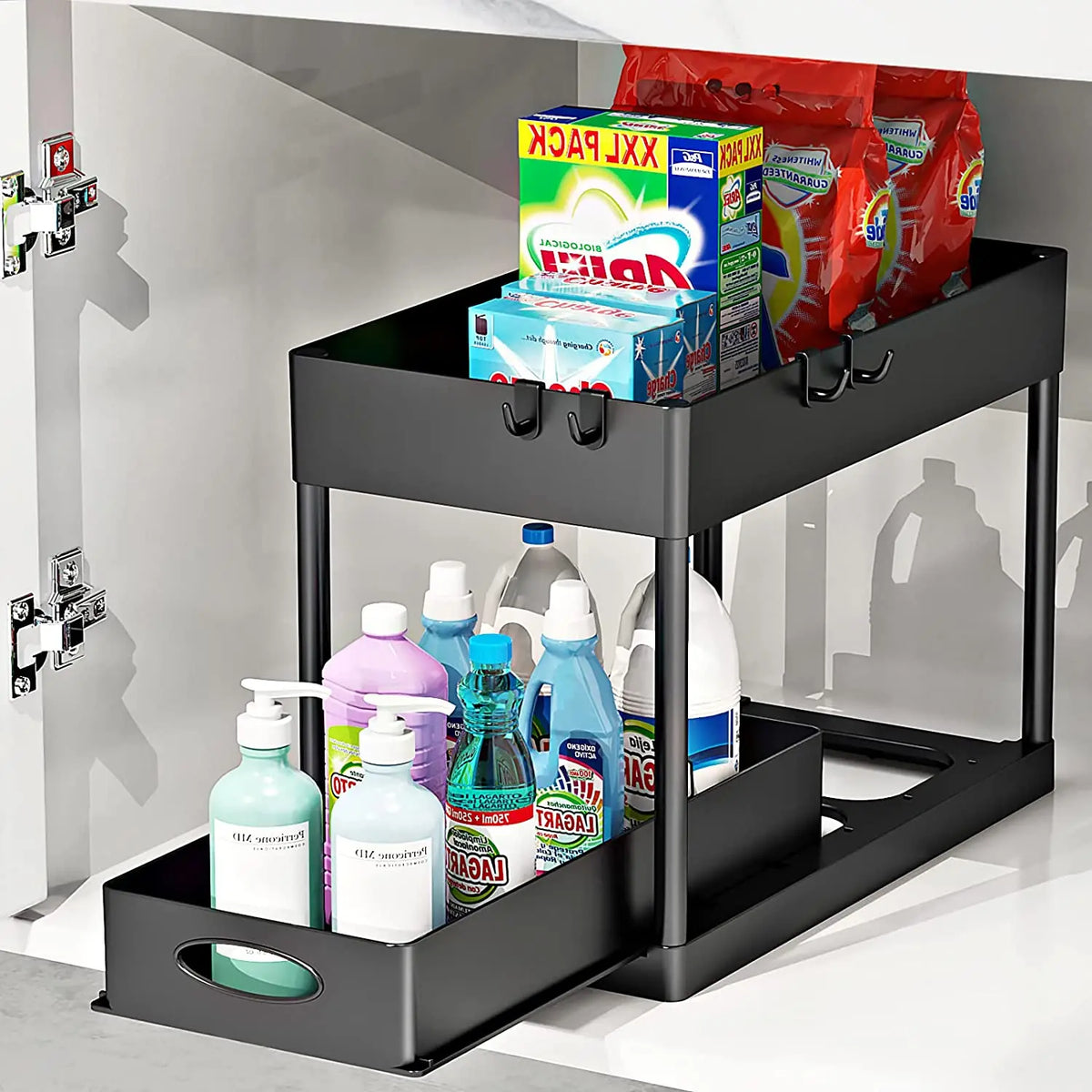 Under Sink Organizer Rack Pull-Out Drawers & Built-In Hooks
