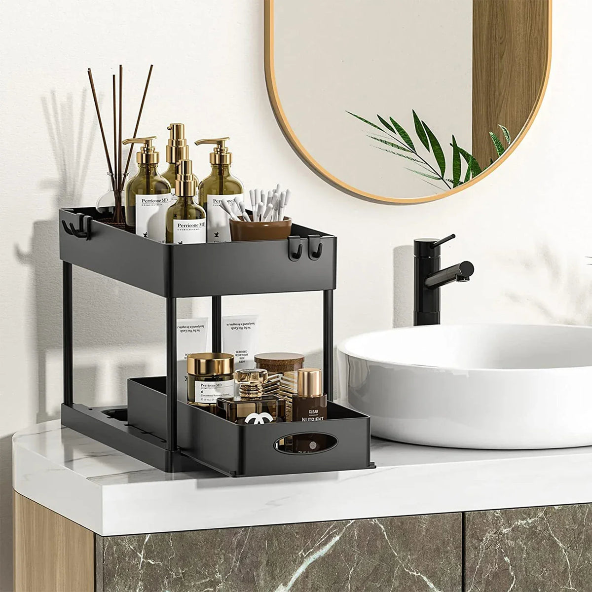 Under Sink Organizer Rack Pull-Out Drawers & Built-In Hooks