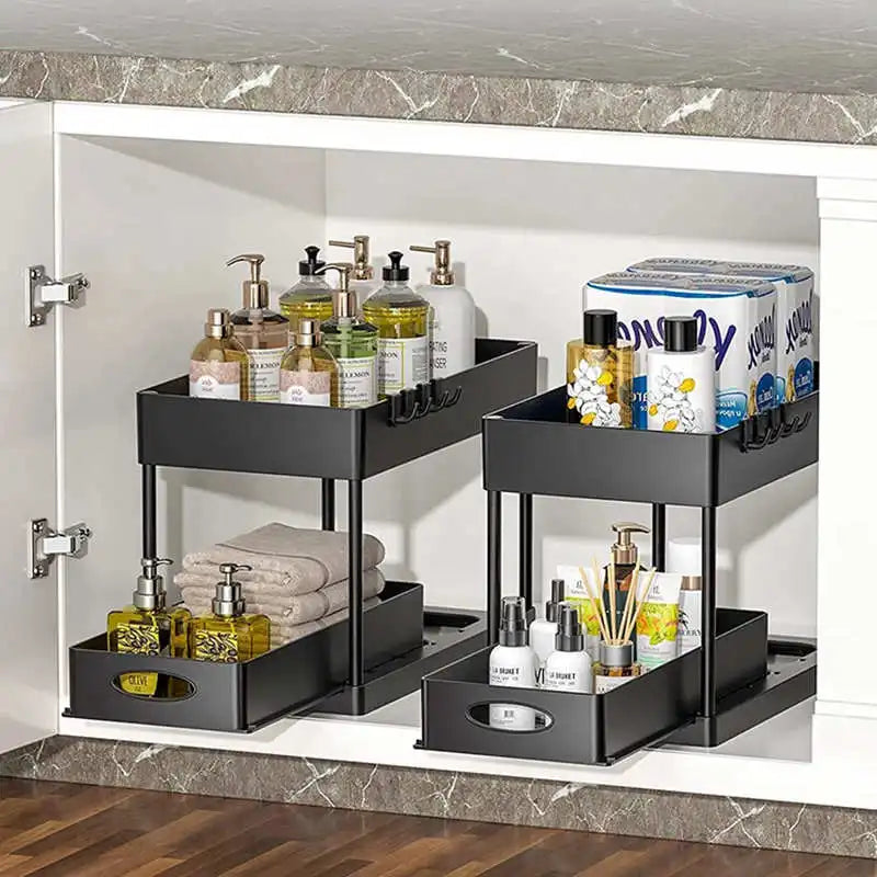 Under Sink Organizer Rack Pull-Out Drawers & Built-In Hooks