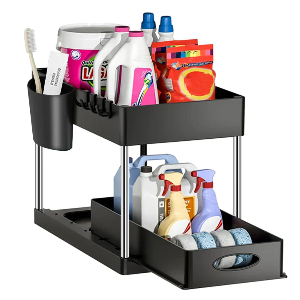 Under Sink Organizer Rack Pull-Out Drawers & Built-In Hooks
