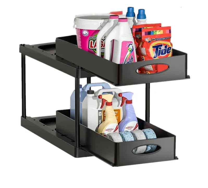 Under Sink Organizer Rack Pull-Out Drawers & Built-In Hooks
