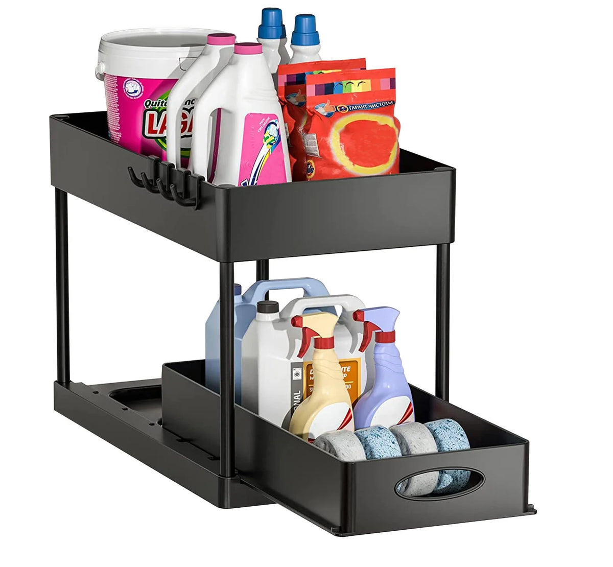 Under Sink Organizer Rack Pull-Out Drawers & Built-In Hooks