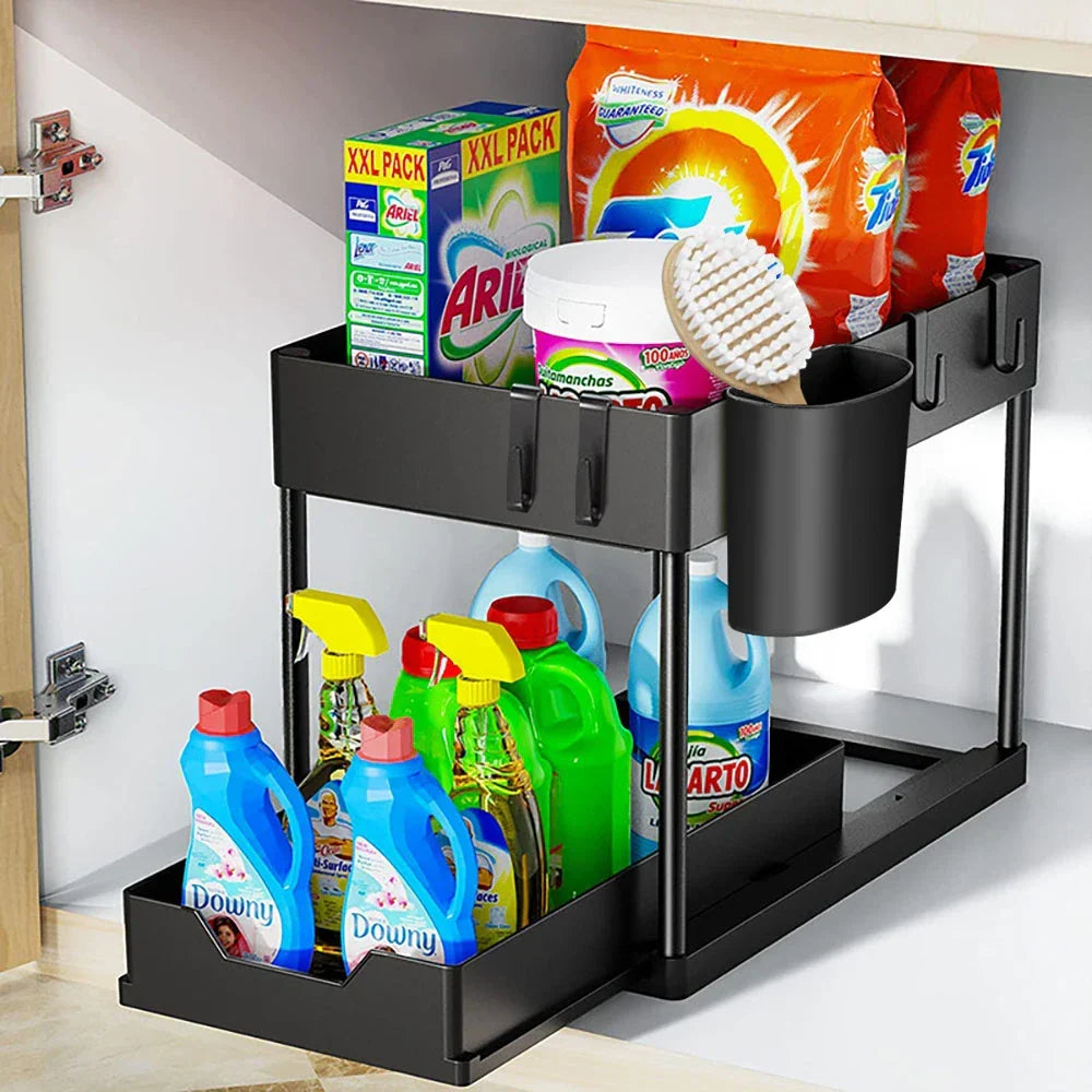 Under Sink Organizer Rack Pull-Out Drawers & Built-In Hooks