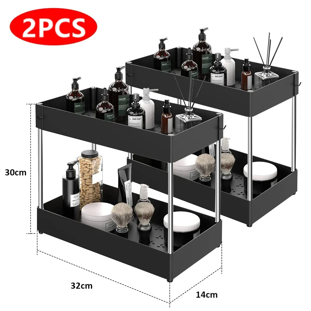 Under Sink Organizer Rack Pull-Out Drawers & Built-In Hooks