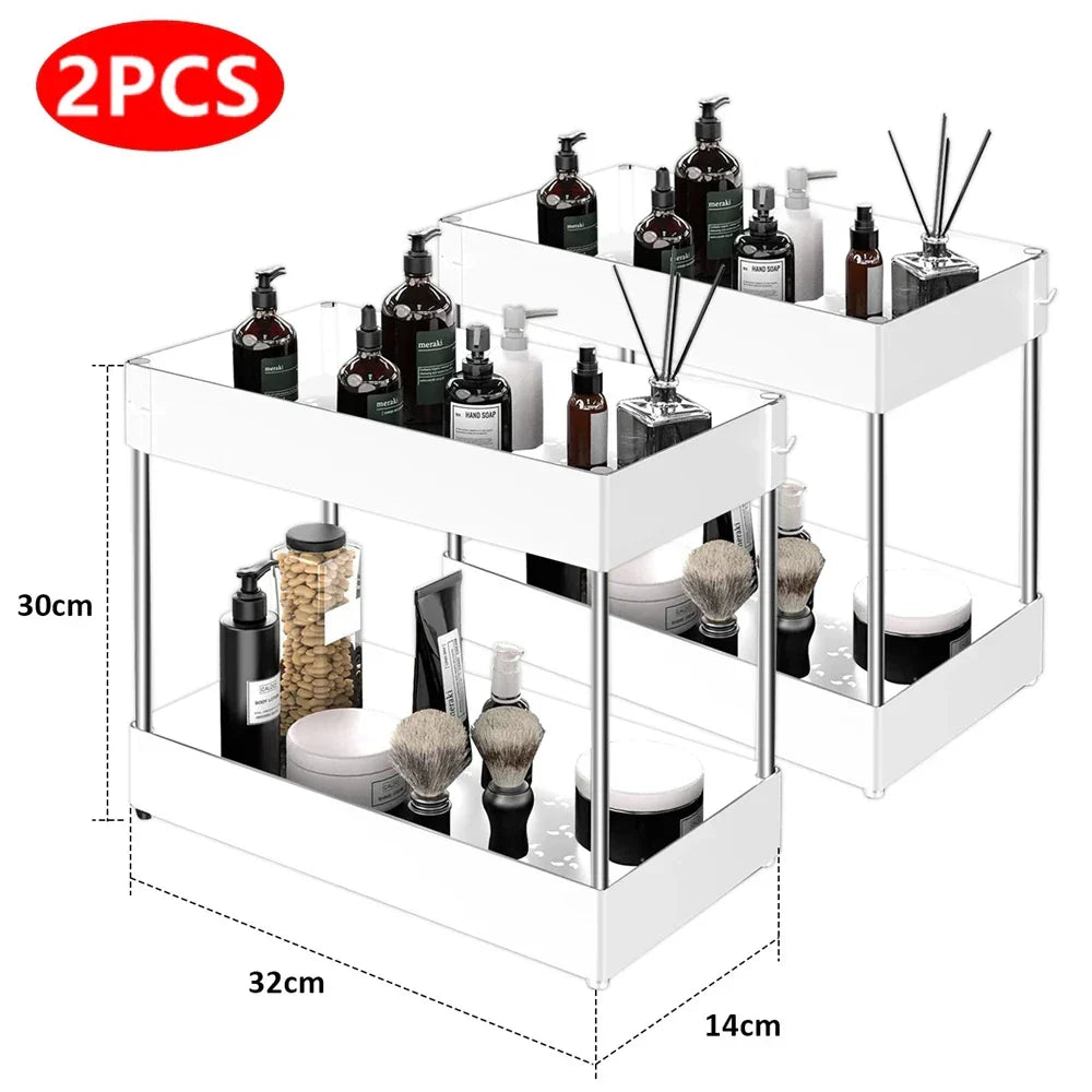 Under Sink Organizer Rack Pull-Out Drawers & Built-In Hooks