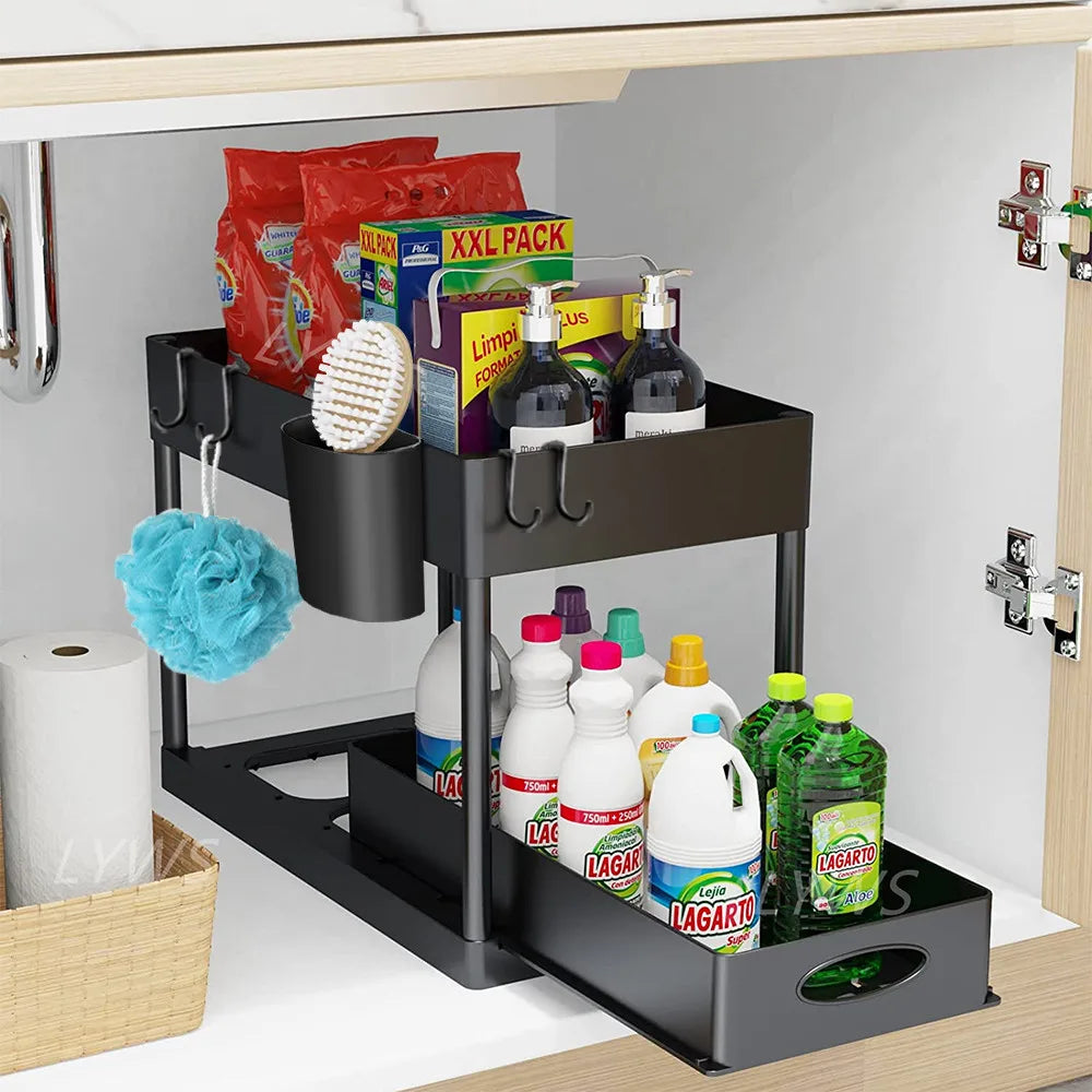 Under Sink Organizer Rack Pull-Out Drawers & Built-In Hooks