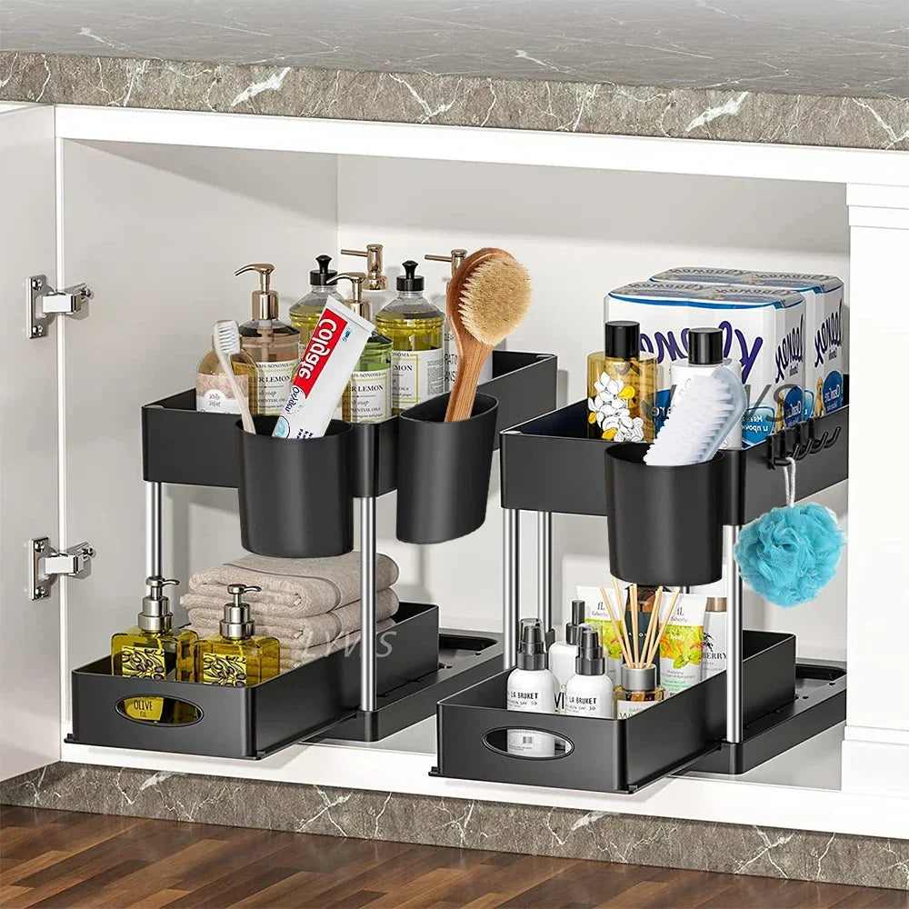 Under Sink Organizer Rack Pull-Out Drawers & Built-In Hooks