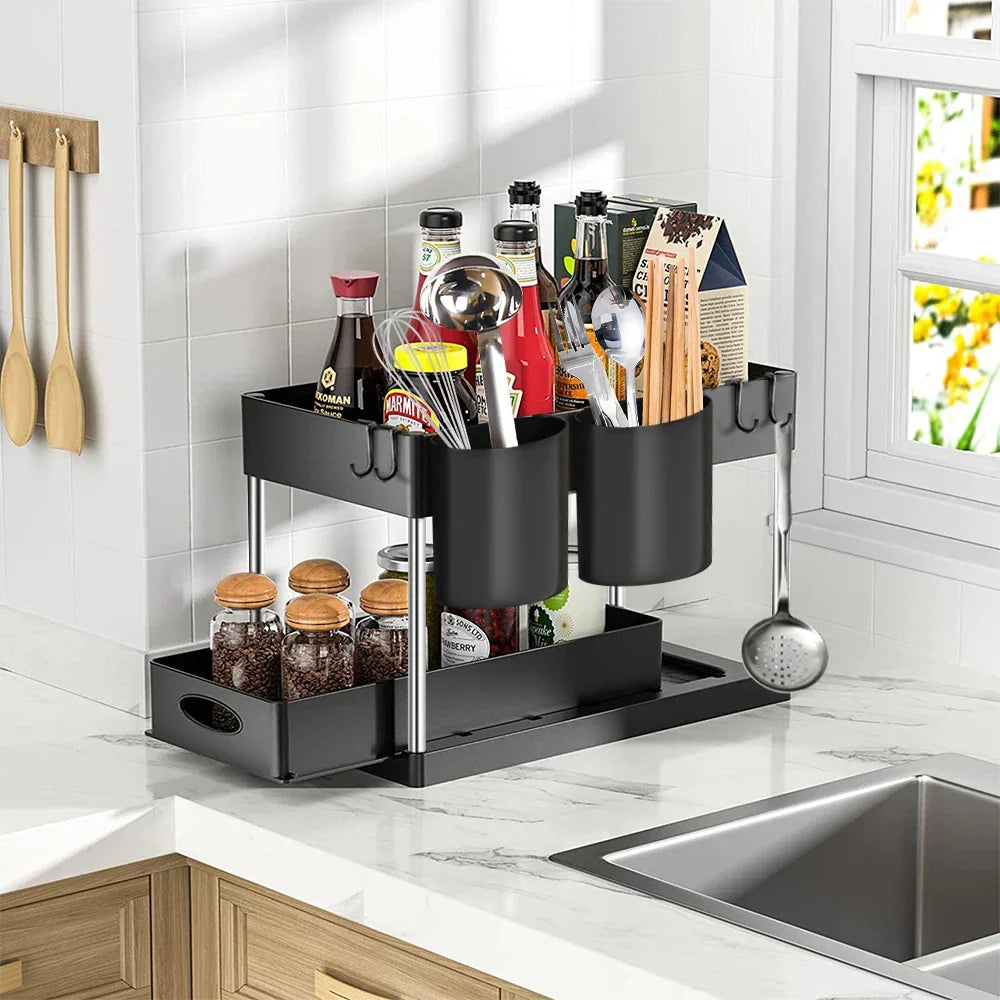 Under Sink Organizer Rack Pull-Out Drawers & Built-In Hooks