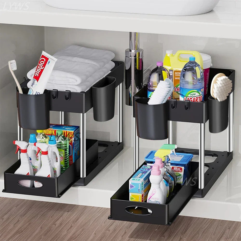 Under Sink Organizer Rack Pull-Out Drawers & Built-In Hooks