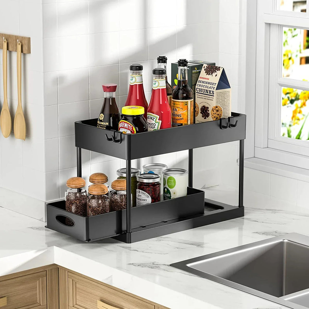 Under Sink Organizer Rack Pull-Out Drawers & Built-In Hooks