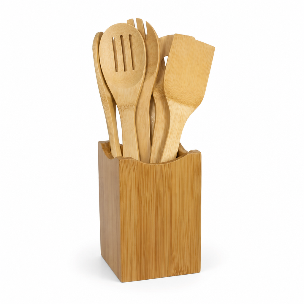 Utensil Holder Set Bamboo Countertop Organizer Easy Clean