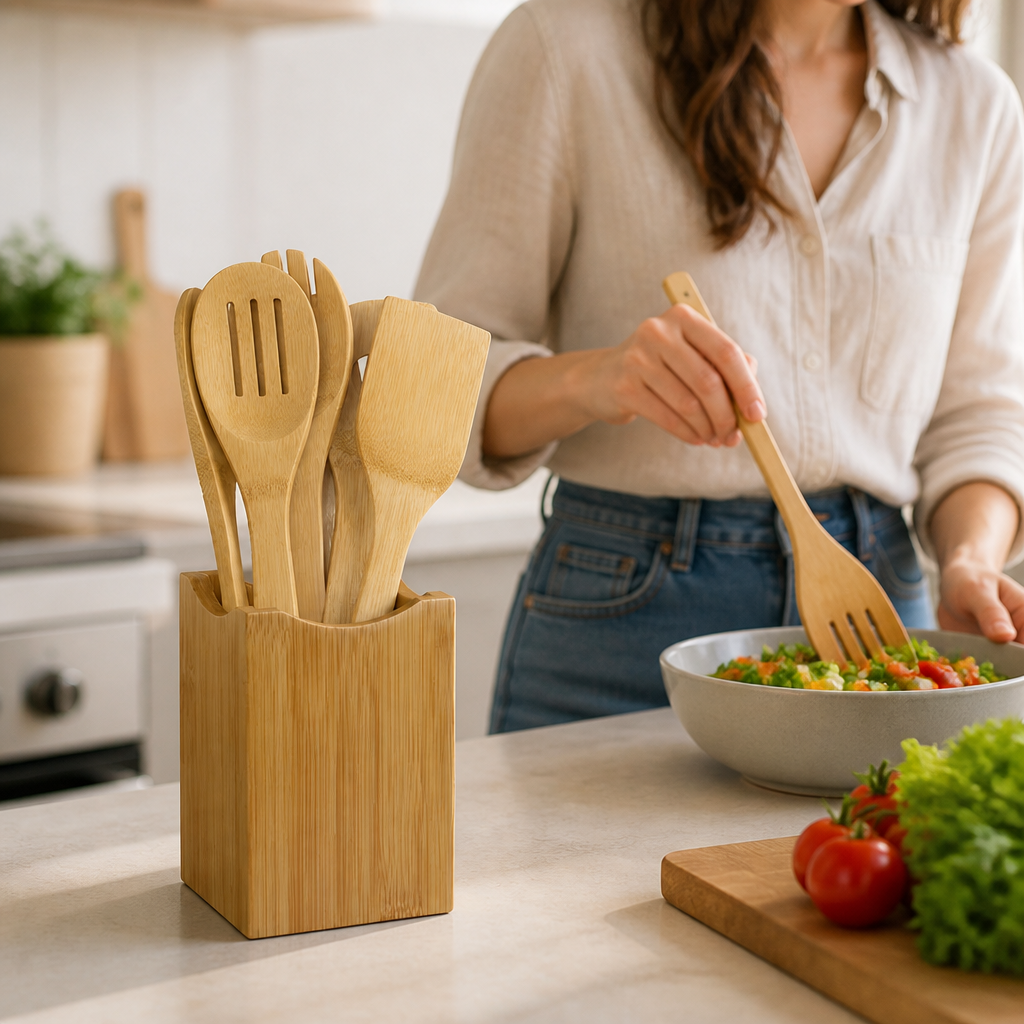 Utensil Holder Set Bamboo Countertop Organizer Easy Clean