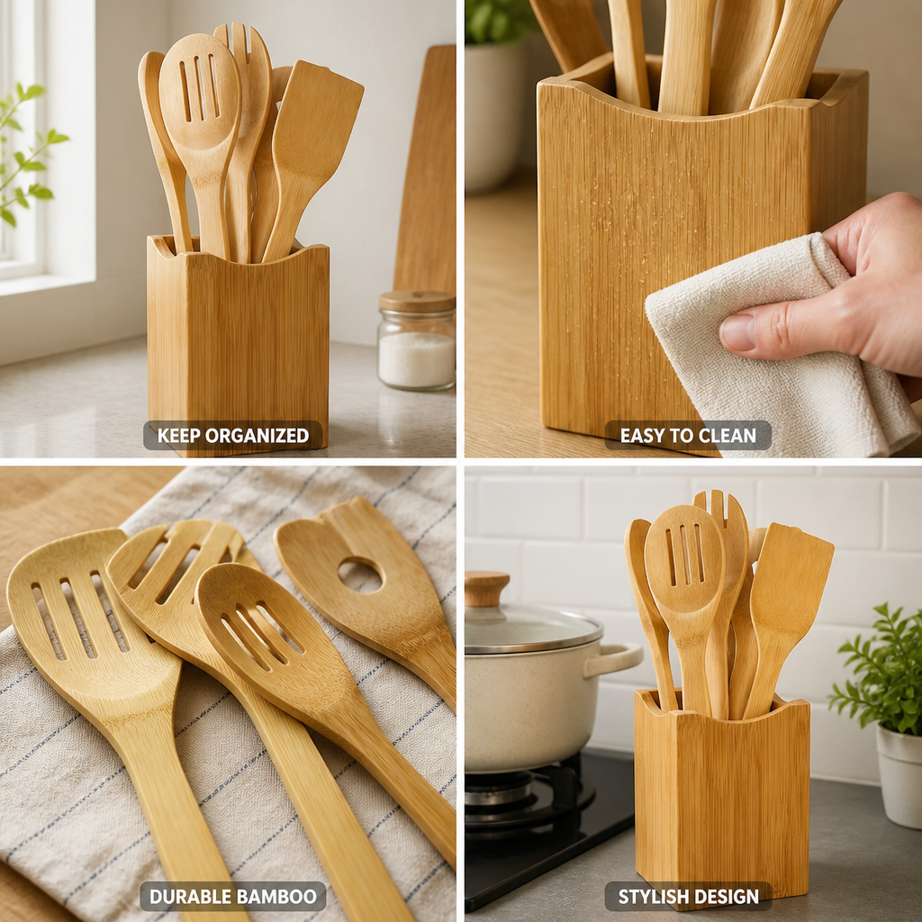 Utensil Holder Set Bamboo Countertop Organizer Easy Clean