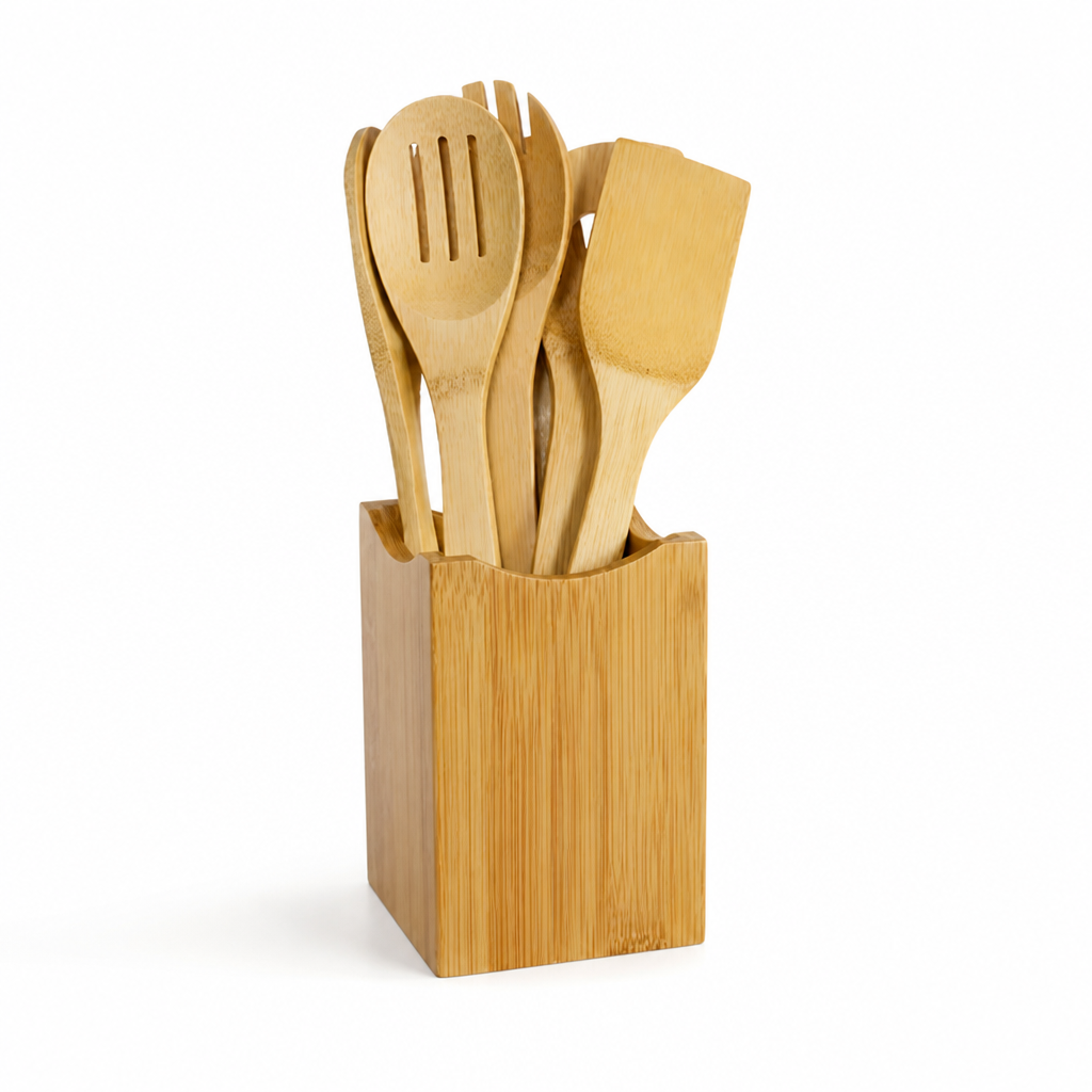 Utensil Holder Set Bamboo Countertop Organizer Easy Clean