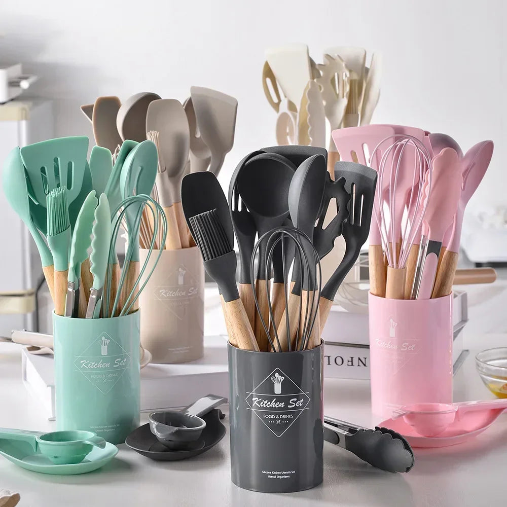 Utensil Set 12-Piece Heat-Resistant Silicone & Wood Handles