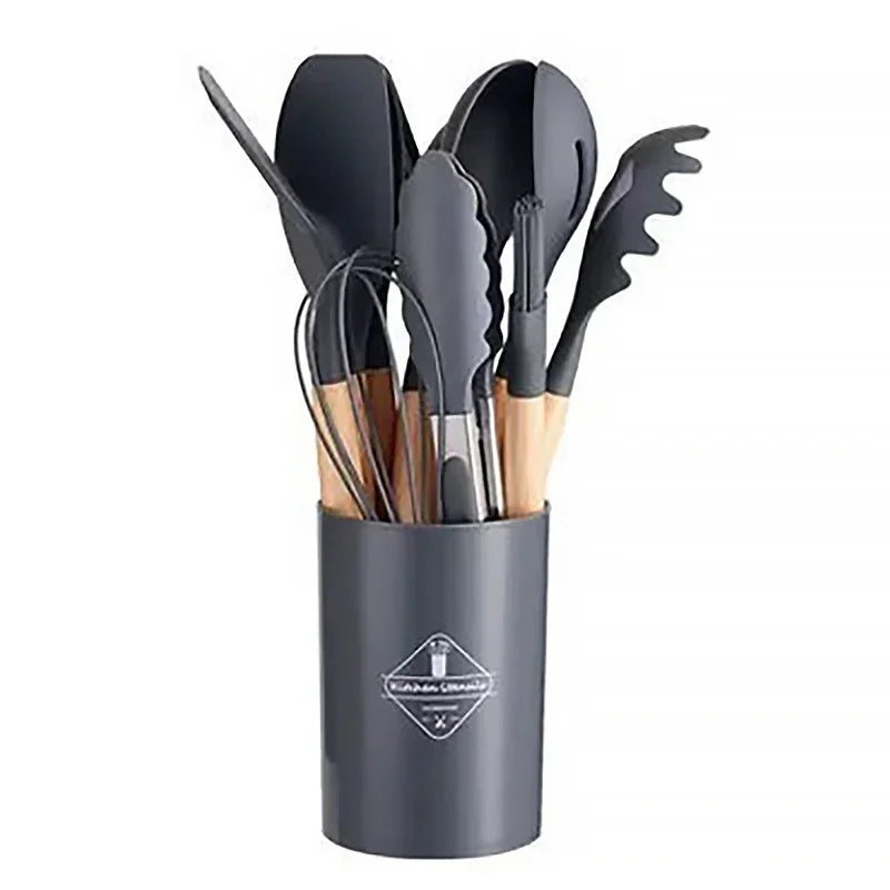 Utensil Set 12-Piece Heat-Resistant Silicone & Wood Handles