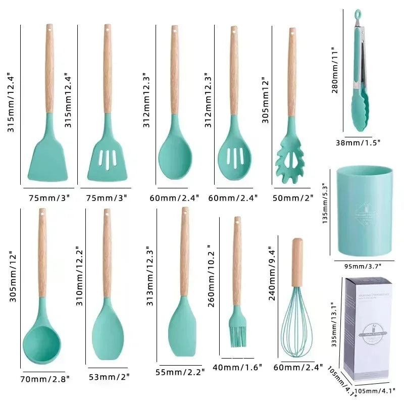 Utensil Set 12-Piece Heat-Resistant Silicone & Wood Handles