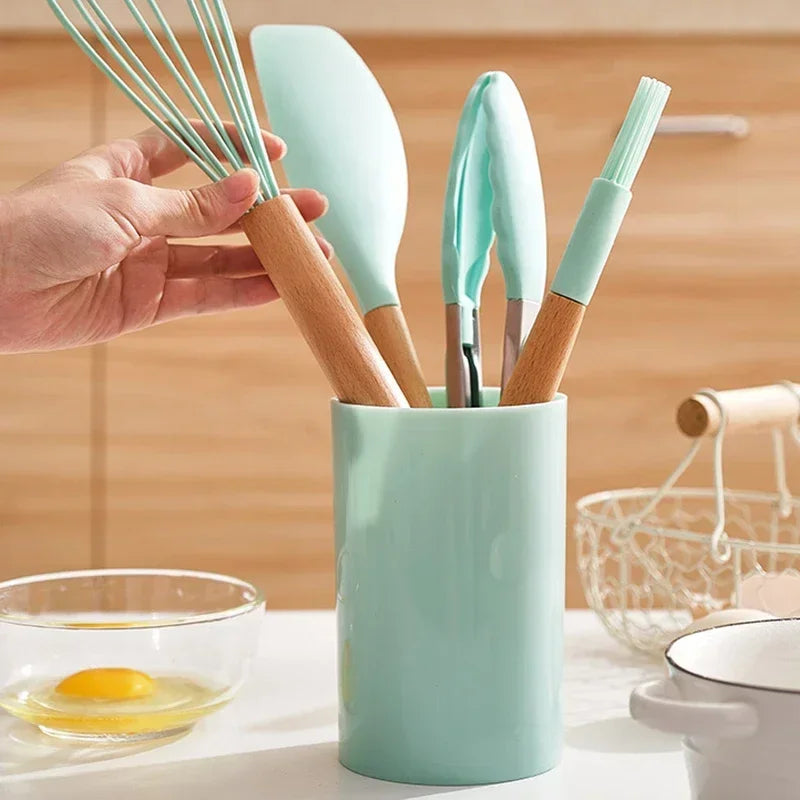 Utensil Set 12-Piece Heat-Resistant Silicone & Wood Handles