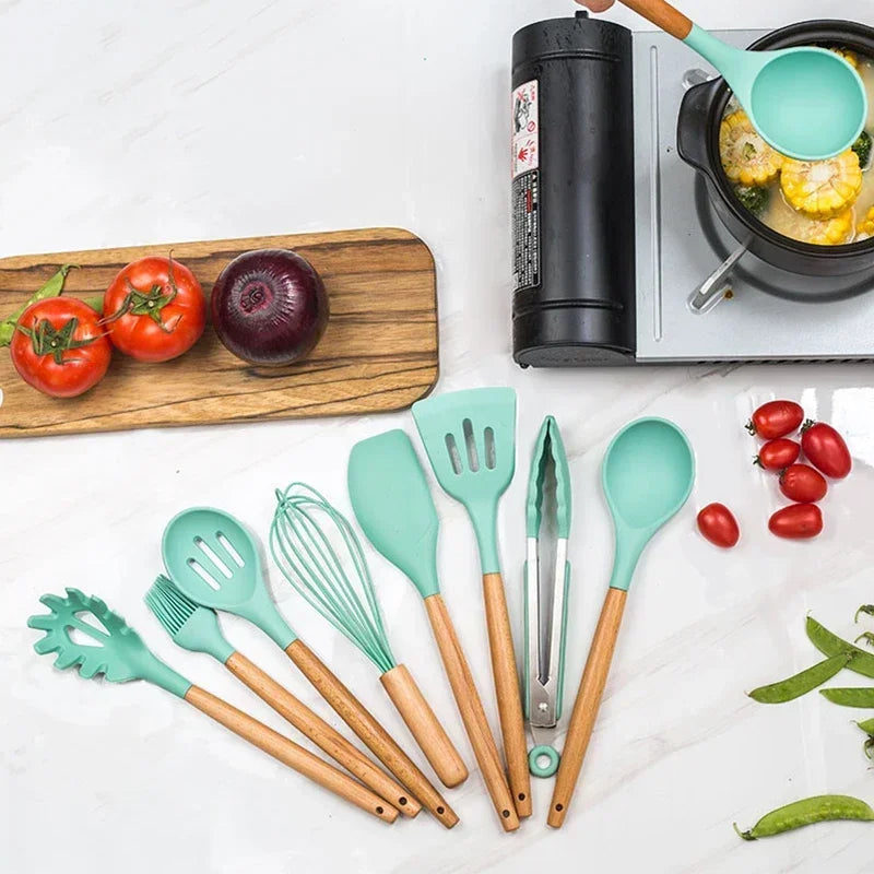 Utensil Set 12-Piece Heat-Resistant Silicone & Wood Handles