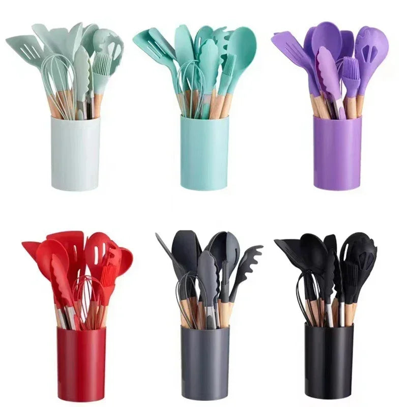 Utensil Set 12-Piece Heat-Resistant Silicone & Wood Handles