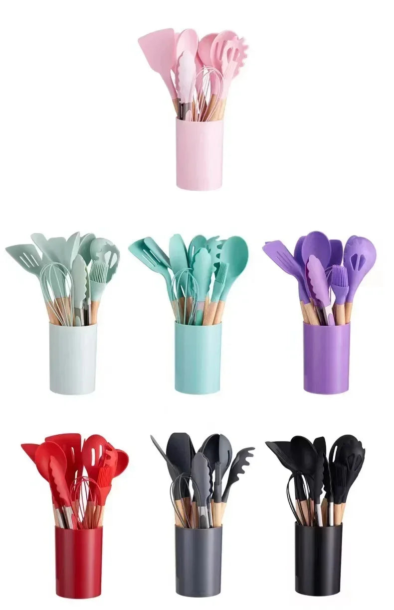 Utensil Set 12-Piece Heat-Resistant Silicone & Wood Handles