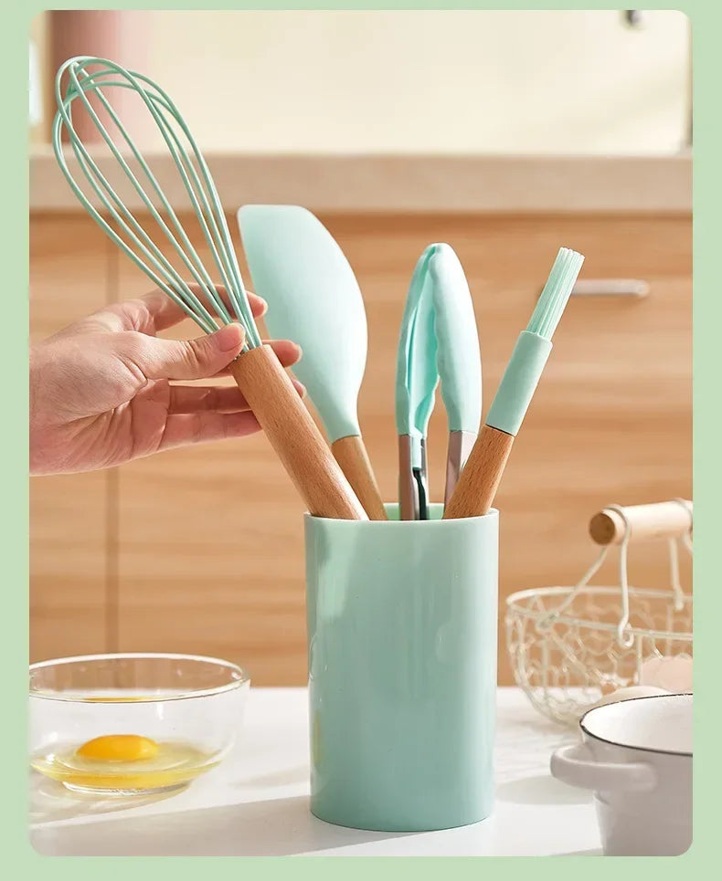 Utensil Set 12-Piece Heat-Resistant Silicone & Wood Handles